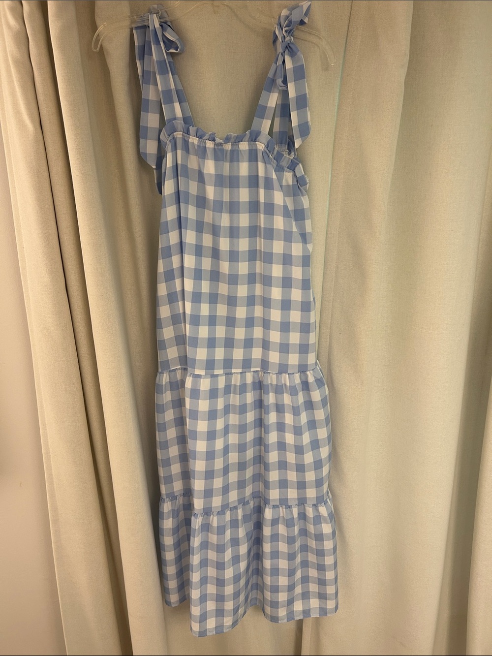 Blue & White Gingham Tie-Shoulder Midi Dress